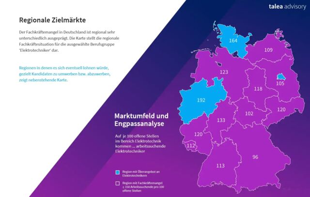 Der Fachkräftemangel in Deutschland ist regional sehr unterschiedlich ausgeprägt. Regionen in denen es sich eventuell lohnen würde, gezielt Kandidaten zu umwerben bzw. abzuwerben, zeigen Ihnen unsere Recruiting Insights.